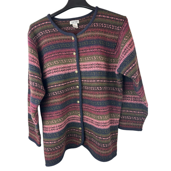 SKYR Vintage 100% Wool Cardigan Sweater Aztec Nordic Fair Isle Long Button Up XL - Picture 8 of 12